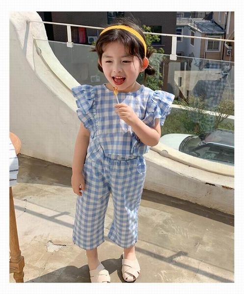 

оптовая продажа новорожденных девочек летний повседневный костюм 2020 новый плед хлопок рябить край мода из двух частей набор детские наряды, White