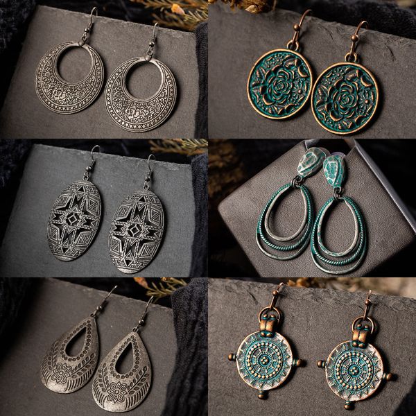 

new vintage bohemia black hollow water droplets round circle leaves roses tassel women's earrings charm ethnic jewelry, Silver