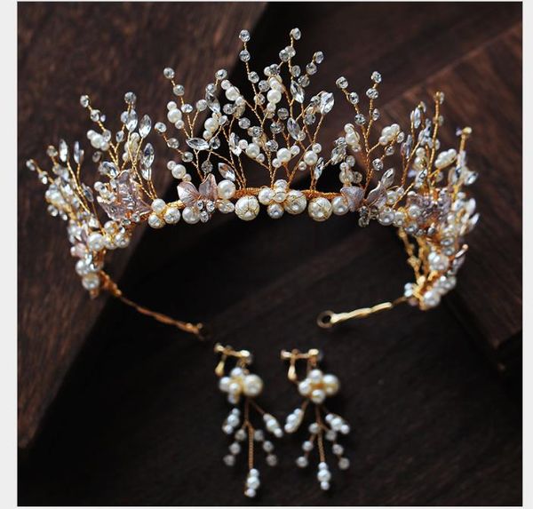 

korean new handmade beaded crown earrings suit crown wedding dress toast dress hair accessories, Slivery;golden