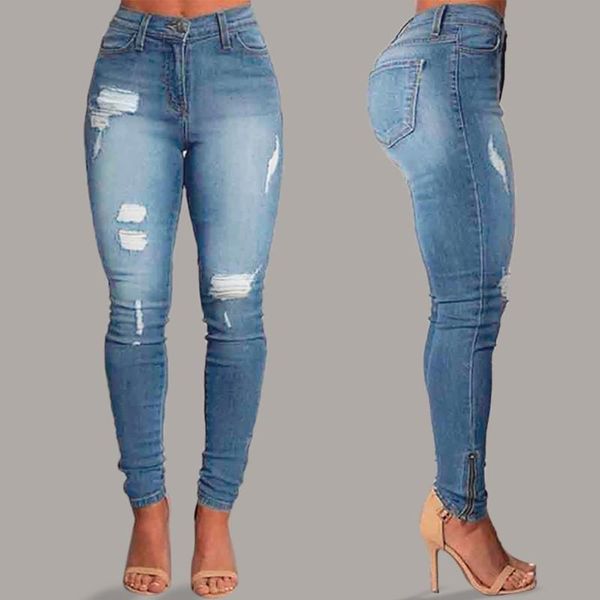 

women's jeans ripped women korean high waist trousers slim button hole pants hollow pencil spodnie damskie jeansy #t1g, Blue