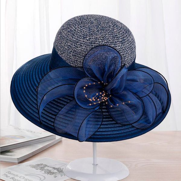 

лето ladies досуг бич женщины вс элегантный широкий брим шелковый цветок bucket hat cap повседневная женщина fedora y200102, Blue;gray