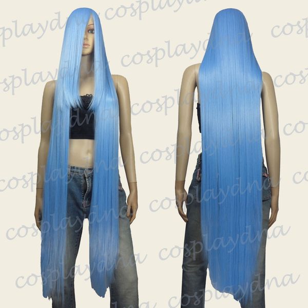 

2019 sellers store dong1235 wig shop>>>>>>>50" heat resistant long straight wigs w 22" long bangs baby blue c, Black