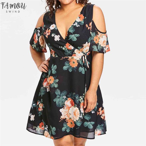 

dress cold should floral printed casual short sleeve plus size dresses woman party night womens summer ropa mujer #15, Black;gray
