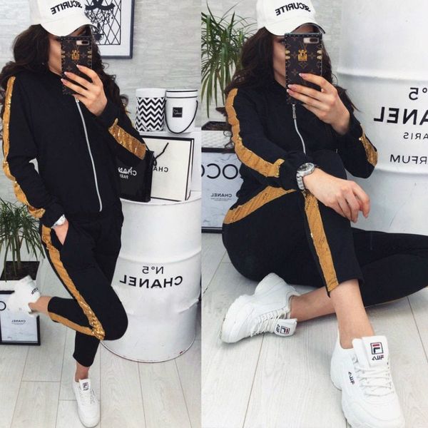 

womens solid color suit new fashion casual sequin stitching jacket trousers sports suit women 2020 winter wholesale, White