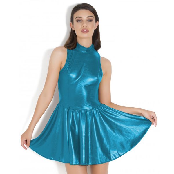 9 Cores S-6XL Brilhante Mulheres Metálicas Vestido Sem Mangas Zíper Skater Dress A-Linha Sexy Party Clubwear Faux Leather Mini Vestidos