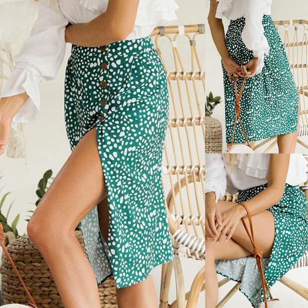 

women green print skirt england style fashion high waist button summer skirts split mid-calf skirts jupe femme 2020 new z2, Black