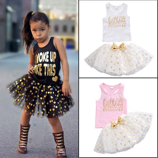 

toddler kids baby girl clothes set outfit brithday princess vest sleeveless +dot bubble skirt summer, White
