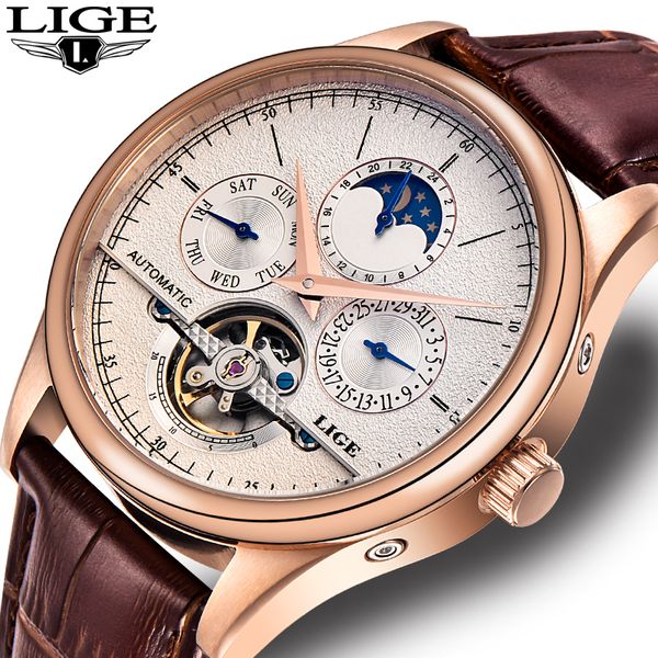 

lige brand men watches automatic mechanical watch tourbillon sport clock leather casual business retro wristwatch relojes hombre, Slivery;brown