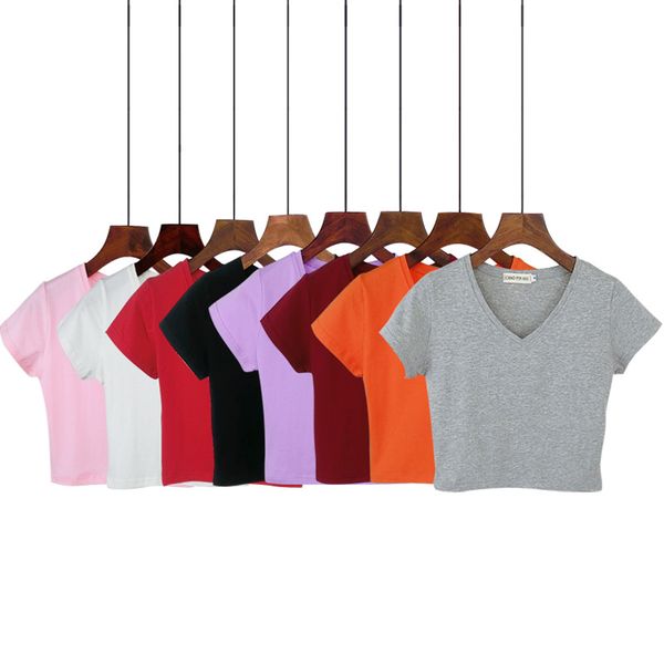 

summer casual korean solid v-neck short female t-shirt short sleeve t-shirt cotton high waist slim women's shirt camiseta mujer, White