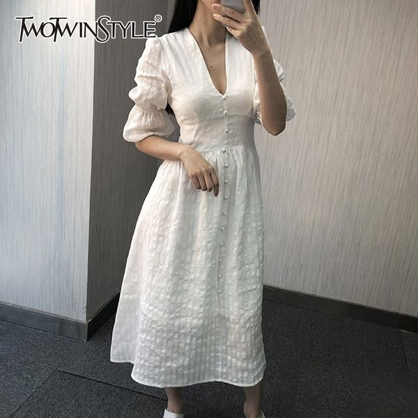 

twotwinstyle vintage solid women dress v neck puff sleeve high waist button midi deresses female elegant fashion summer 2019 new, Black;gray