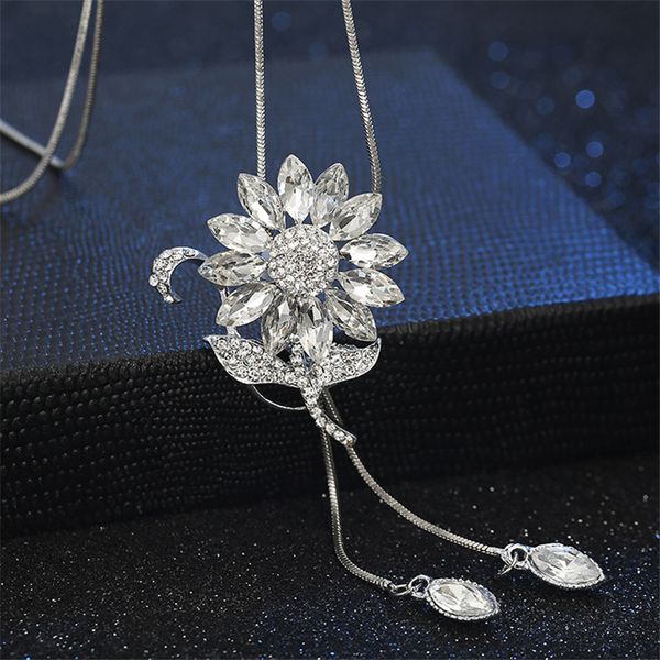 

length 75cm sun flower necklace blue grey white crystal shopping party jewelry dress accessories, Silver