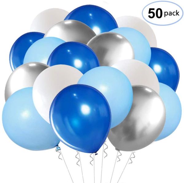 

синие серебряные белые латексные шары, 50шт 12-дюймовые королевские синие и серебряные металлические шары для украшения свадебной вечеринки