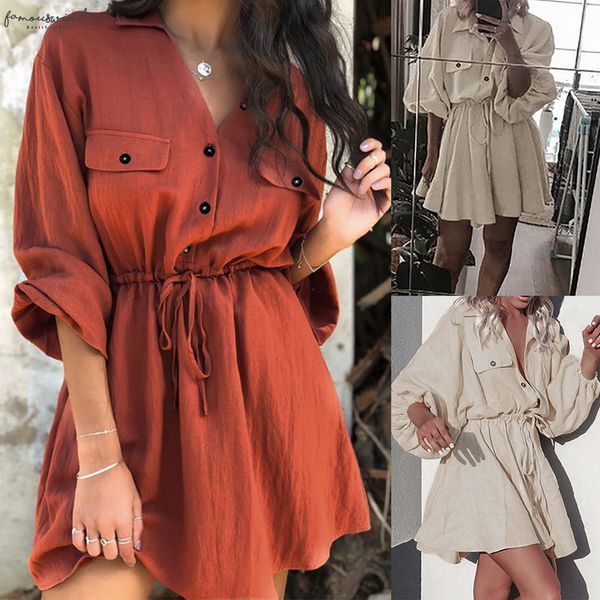 

above knee mini 2020 vintage women mini shirt dress casual lantern sleeve short dress turndown lace up cotton linen dresses vestidos, Black;gray