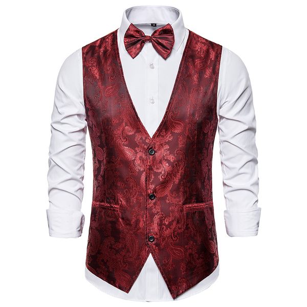 

men's vests mens wine red paisley vest single breasted v-neck wedding groom suit men gothic steampunk waistcoat victorian gilet homme, Black;white