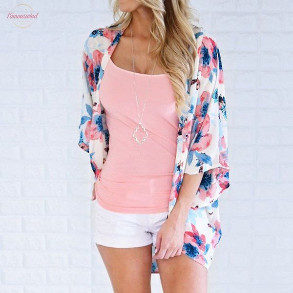 

women casual chiffon half sleeve floral printed cardigan loose kimono bikini cover ups blouse shirts outerwear, White