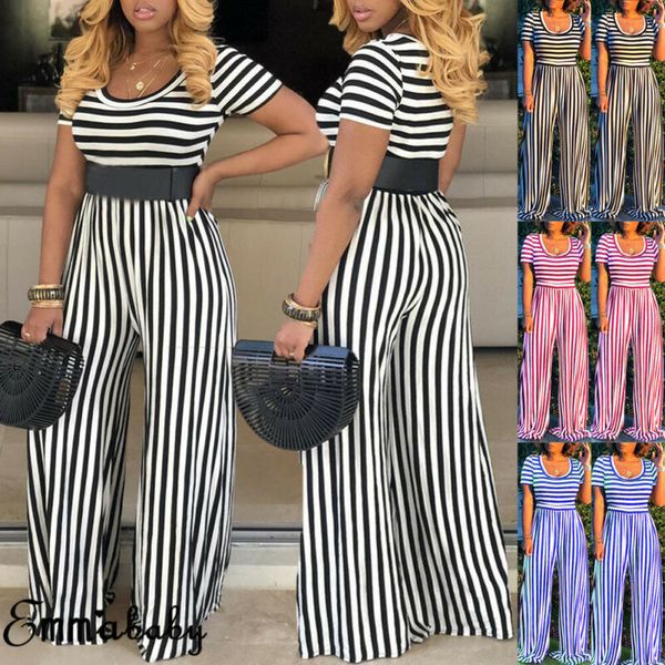 

women fashion striped wide short sleeve stripe playsuit lady summer romper leg long casual loose ladies summer jumpsuit trousers, Black;white