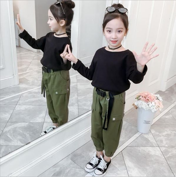 

2020 spring autumn new arrival girls fashion 2 pieces suit +belt overalls kids causal sets big girls clothes 6 8 10 12 14t, White