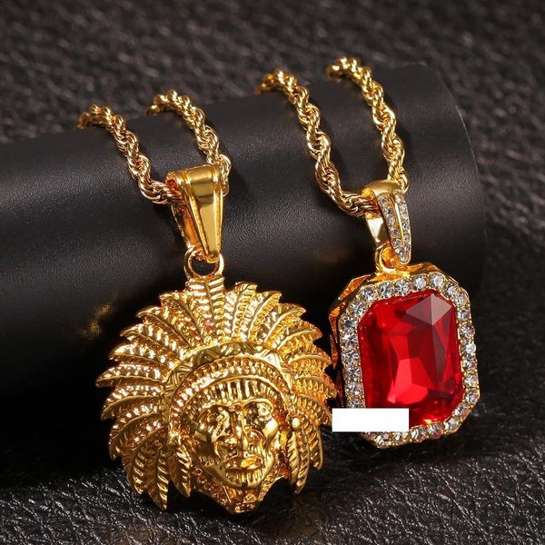 

iced out indian chief head bling iced rhinestone pendant with red rhinestone pendant necklace set men fashion hip hop jewelry wholesale, Silver