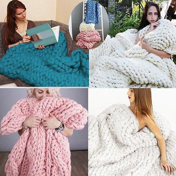 

fashion hand chunky knitted blanket thick yarn bulky knitting throw blanket1, White;black