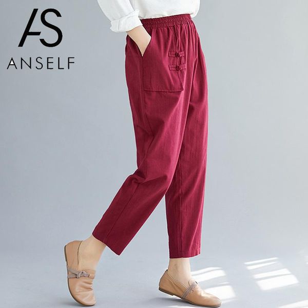 

3xl baggy trousers women cotton linen pants solid color elastic waist side pockets loose-fit capri pants large size harem, Black;white