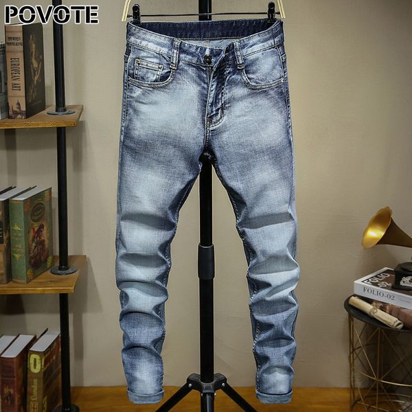 

povote brand jeans retro nostalgic straight pants solid color men's jeans motorcycle trend design, Blue