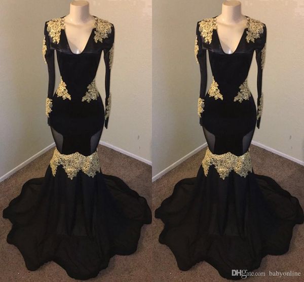 

elegant evening formal dresses 2019 gold appliques black mermaid prom dresses 2019 long sleeve v neck evening gowns party dress custom made, Black;red