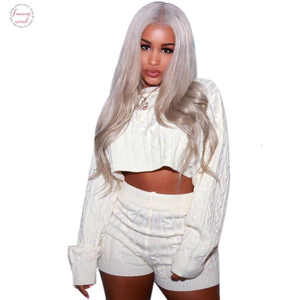 

women two piece set club sweater outfits crop and biker shorts knitted short suit clothes tracksuit matching sets, Gray