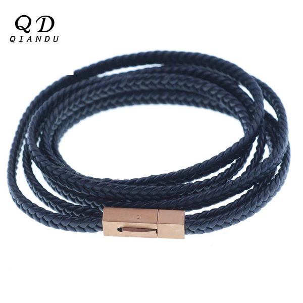 

qian du stainless steel men black hand madebraided leather bracelet magnetic clasp bangles 2019 men punk fashion accessories