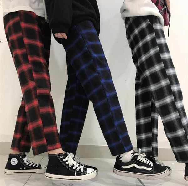 

spring autumn vintage plaid loose casual pants, Black;white