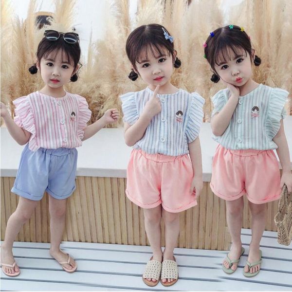 

girls clothing sets 2020 new summer cotton sliver lace sleeve short sleeve suit kids clothes casual clothing sets for baby girls, White