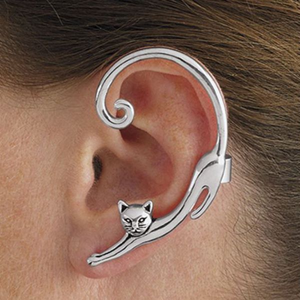 

single piece punk style gold silver plated cat post earring with ear cuff rock animal black stud earring women 2019 ear wrap