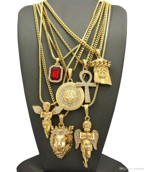 

men's hip hop ruby, 2 angels, jesus, lion, madusa, ankh pendant 7 necklace set jewelry, Silver
