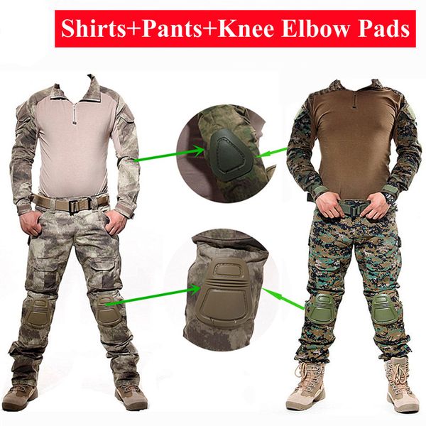 

male camouflage combat multicam shirt pants elbow knee pads us army shirt cargo pants war game clothe suits, White;black