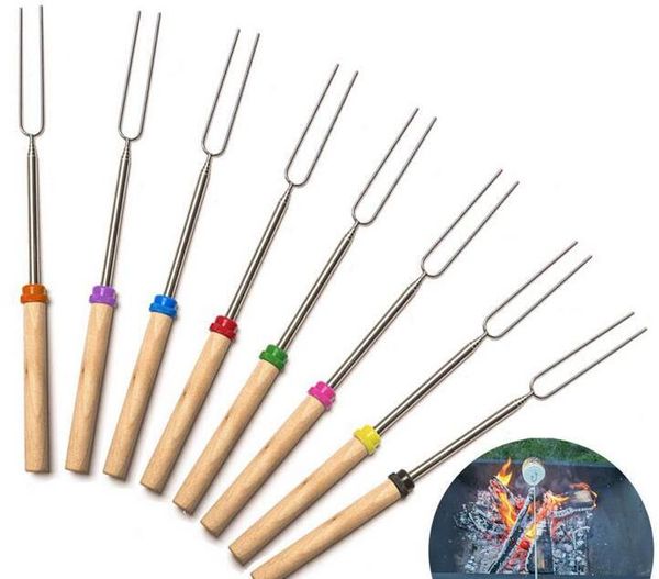 

bbq forks camping campfire stainless steel campground lunch tools wooden handle telescoping barbecue roasting fork sticks skewers..