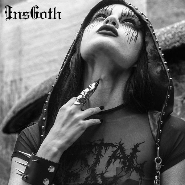 

insgoth women cap gothic black loose witch hat rivet chain hood streetwear punk hip hop gothic accessories female cap for party