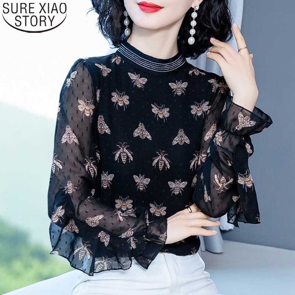 

bees print blouse women casaul plus size office lady clothes elegant 2020 spring long sleeve vintage chiffon blusas 9030 50, White