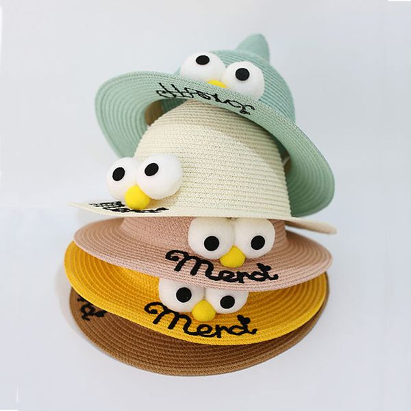 

children straw hat cute summer lovely cartoon sun hats for kids girls boys solid floppy beach cap panama, Yellow