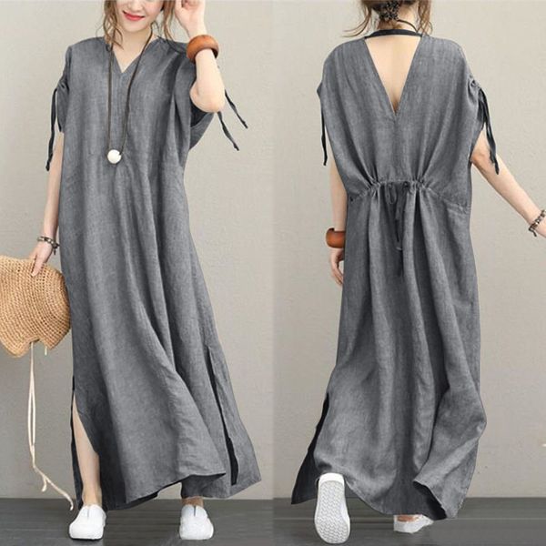 

fashion summer maxi vestidos women's sundress 2019 zanzea vintage v neck batwing dresses femme beach split plus size dress robe, Black;gray