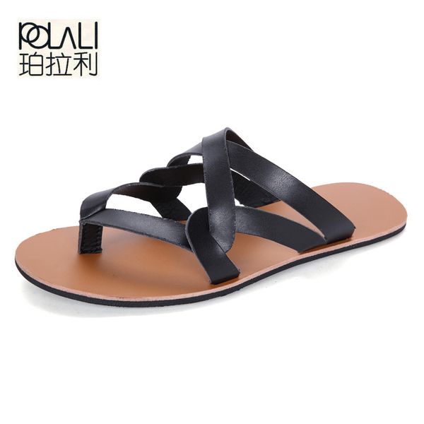 

polali plus size genuine leather men slippers 2018 casual handmade summer flip flops shoes, Blue;gray