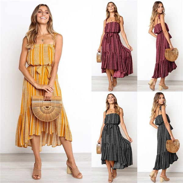 

designer summer women strap dress boho striped print waist paneled fashion famale dress, Black;gray