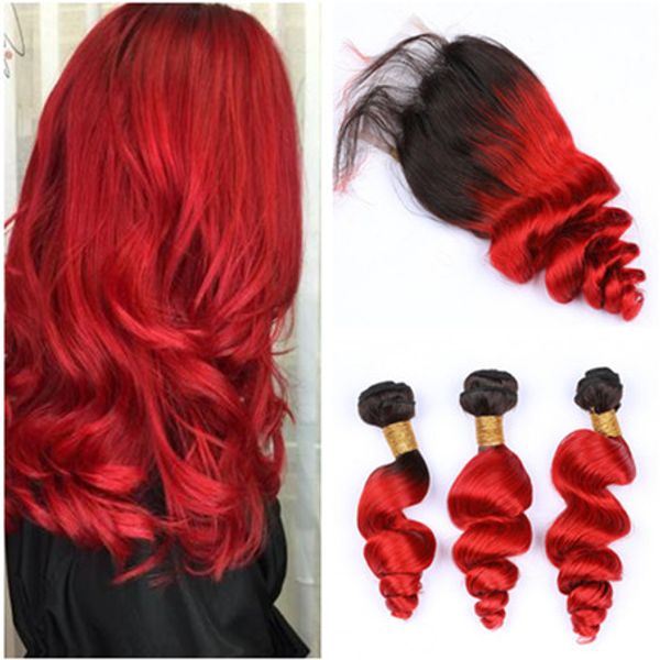 1b Red Ombre Loose Wave 3bundles Peruvian Hair With Top Closure