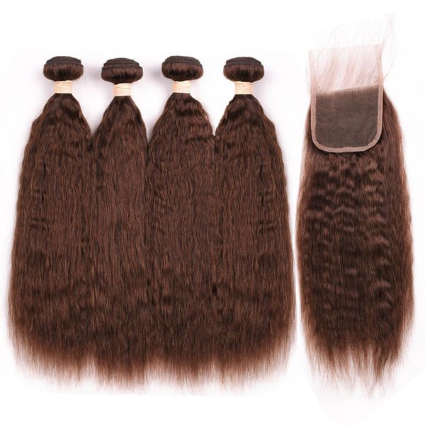 Capelli umani indiani Yaki grossolani color cioccolato 4 pacchi con chiusura 5 pezzi / lotto Kinky Straight # 4 chiusura in pizzo marrone medio 4x4 con intrecci