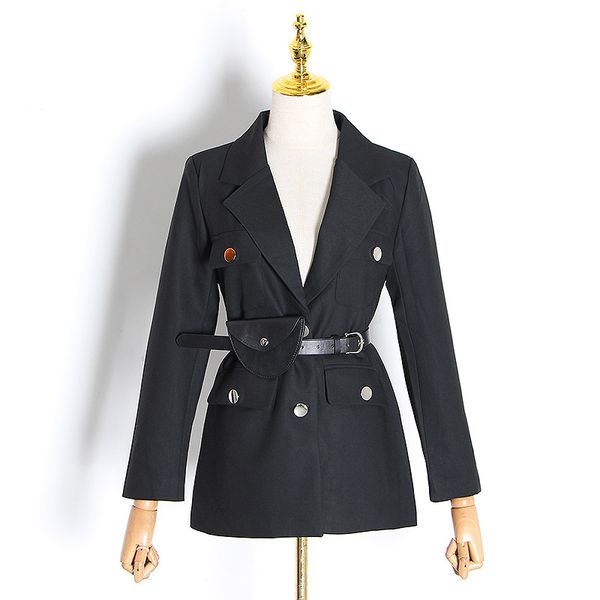 

new 2019 autumn winter women khaki black long blazer notched collar black small bag belt elegant slim pocket blazers outerwear, White;black