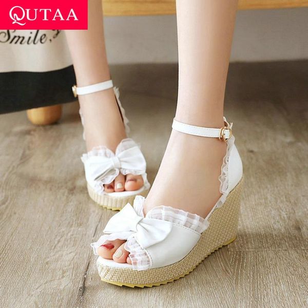 

qutaa 2020 butterfly-knot peep toe sandals pu lace wedge heel summer women shoes platform fashion buckle ladies pumps size 34-43, Black
