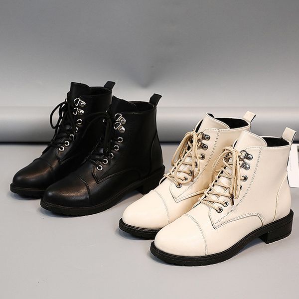 

retro boots women's shoes winter leather shoes lace up fashion leisure bots wapterproof chunky square heels short boots, Black