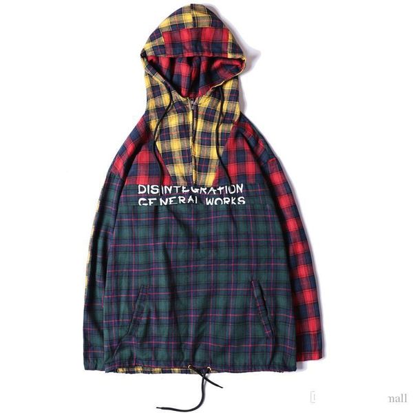 

patchwork pullover plaid long sleeve hoodies shirts mens hip hop printed zipper pocket casual shirts fashion streetwear, Black