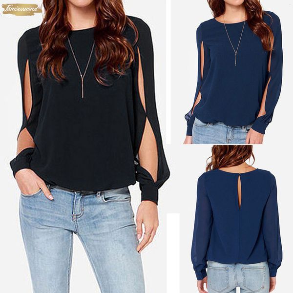 

new blouse women o neck long sleeve made of materials back hollow out solid women, White