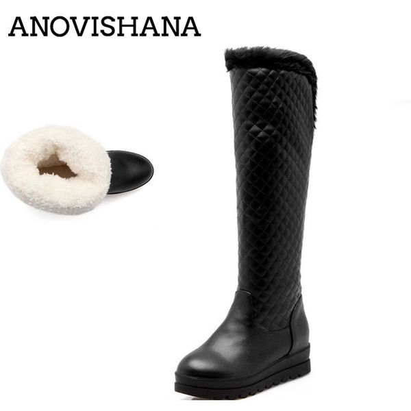 

anovishana big size 34-43 pu leather boots for women knee-high snow boots warm thick fur shoes woman soft fur botas mujer a794d, Black