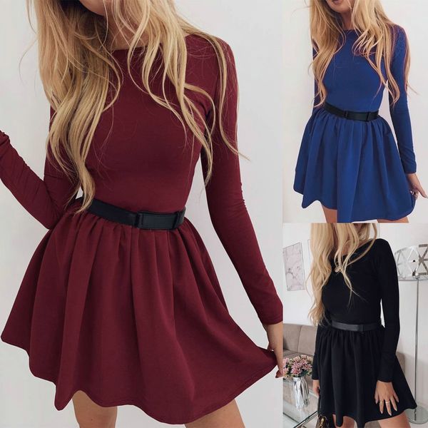 

women mini dress party dress fall clothing casual round neck solid color ruffled long sleeve women a line bodycon, Black;gray