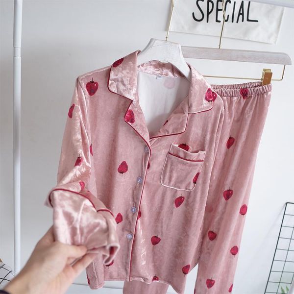 

новый pleuche осень и корейский стиль casual мягкая комфортная теплая зима strawberry пижама женщин в homewear set, Blue;gray